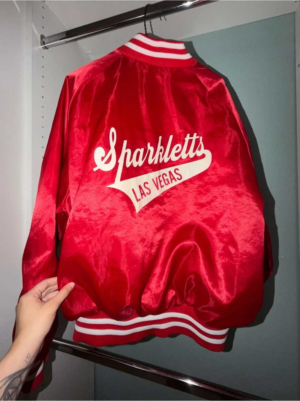 Red Satin Varsity Bomber Jacket with White Stripe Trim